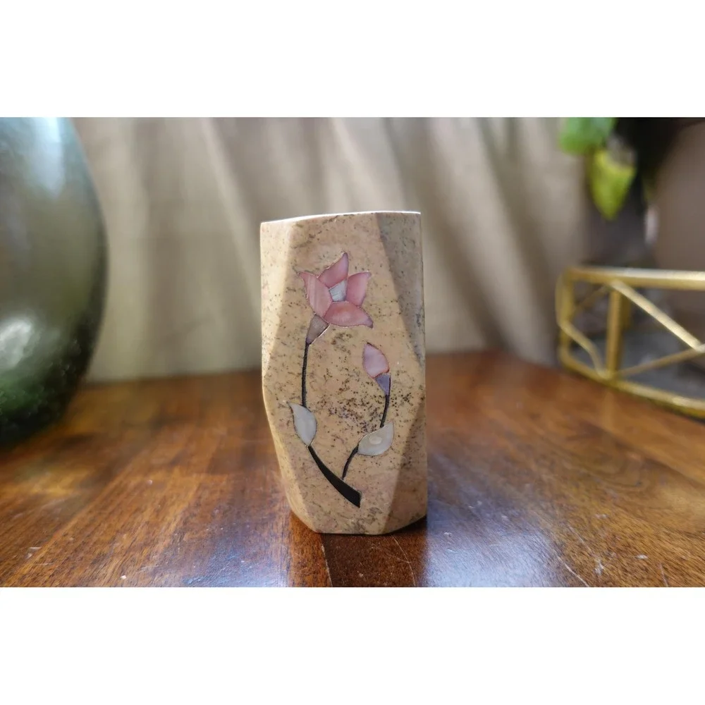 Vintage Stone Vase with Inlaid Floral Design, Small Decorative Vase‎